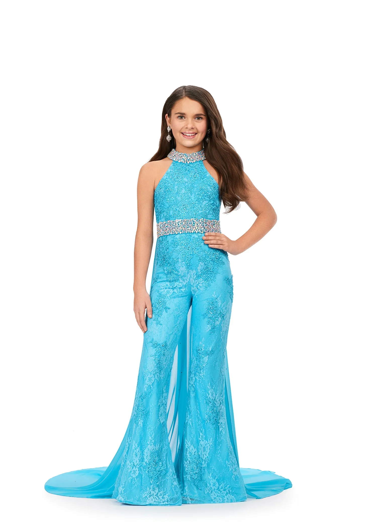 Ashley Lauren Kids 8225 Size 8 Blue Girls Lace Crystal Jumpsuit Cape Bell Bottom Pageant Fun Fashion Wear