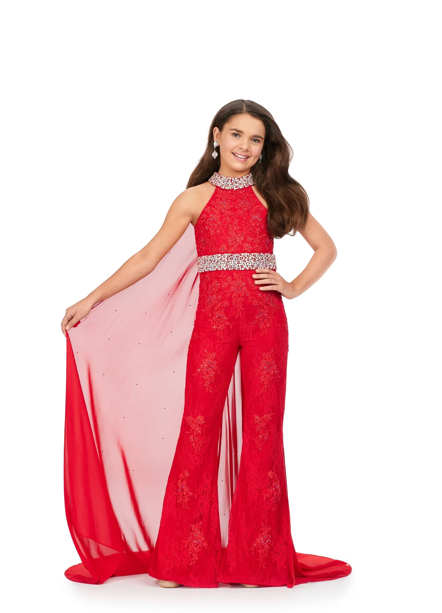 Ashley Lauren Kids 8225 Size 8 Blue Girls Lace Crystal Jumpsuit Cape Bell Bottom Pageant Fun Fashion Wear