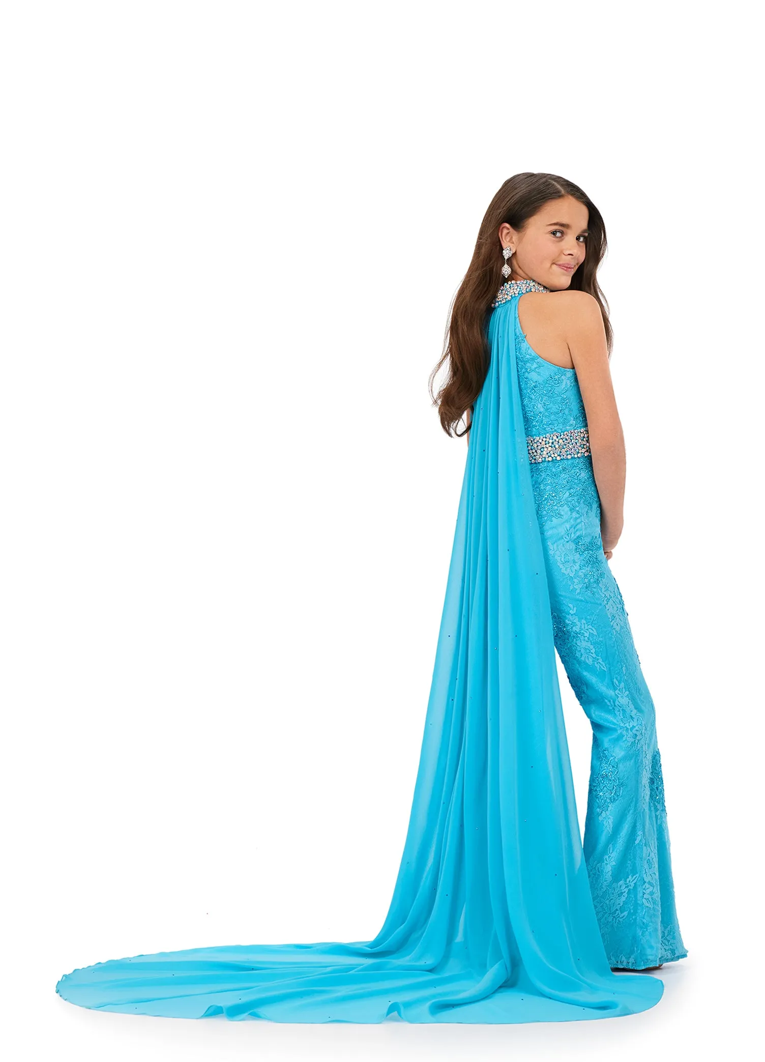 Ashley Lauren Kids 8225 Size 8 Blue Girls Lace Crystal Jumpsuit Cape Bell Bottom Pageant Fun Fashion Wear