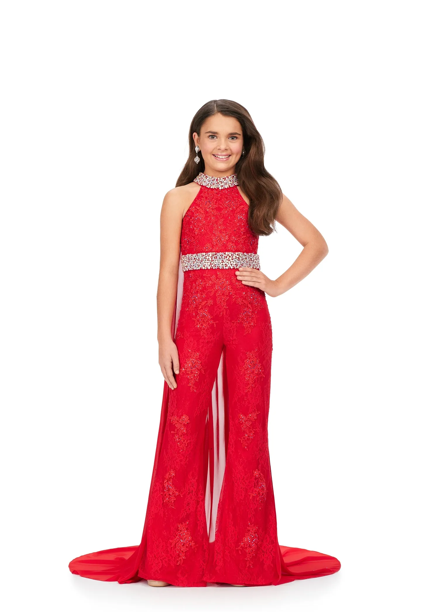 Ashley Lauren Kids 8225 Size 8 Blue Girls Lace Crystal Jumpsuit Cape Bell Bottom Pageant Fun Fashion Wear