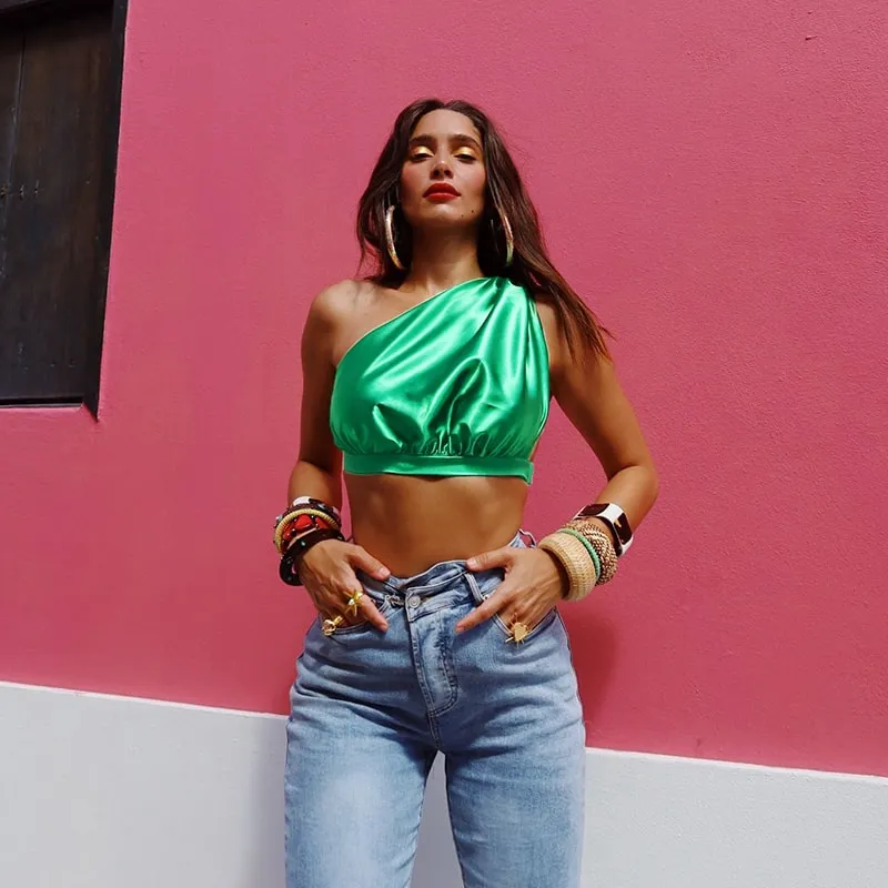 Asymmetric One-Shoulder Satin Crop Top