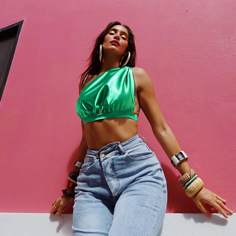 Asymmetric One-Shoulder Satin Crop Top