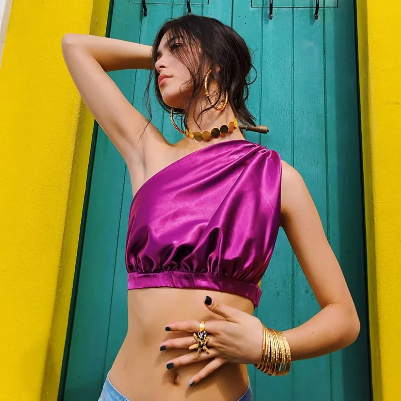 Asymmetric One-Shoulder Satin Crop Top