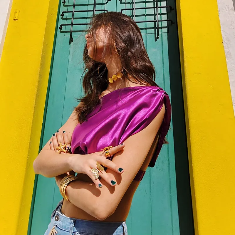 Asymmetric One-Shoulder Satin Crop Top