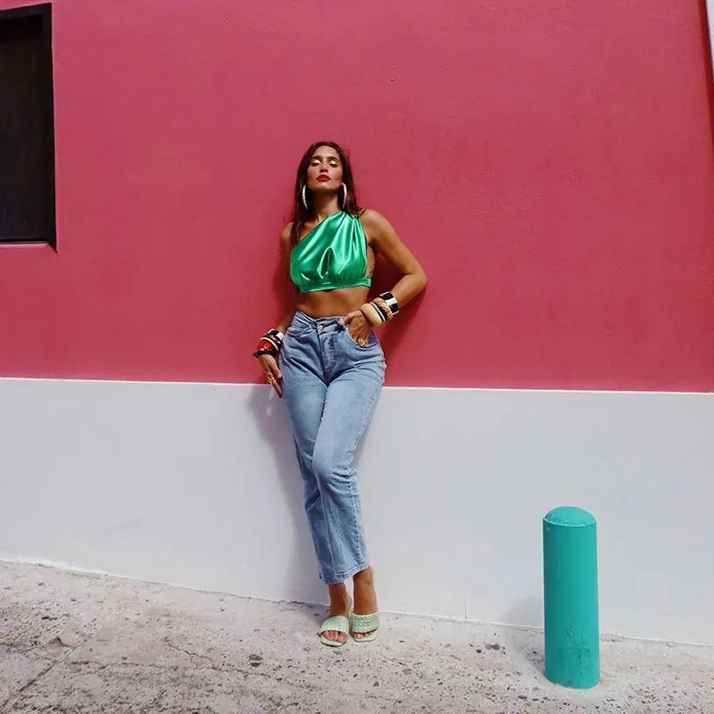 Asymmetric One-Shoulder Satin Crop Top
