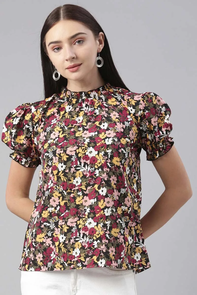 Black Polyester Floral Printed Regular Top