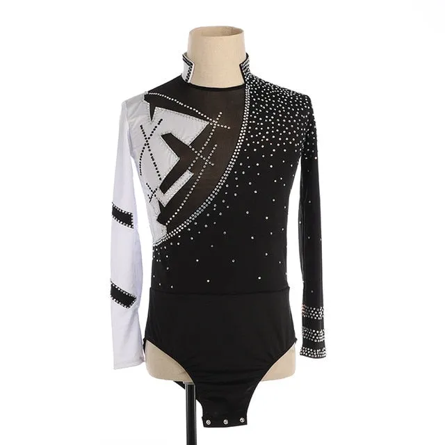 Boys & Mens Figure Skating Top Shirt in Black & White Long Sleeves