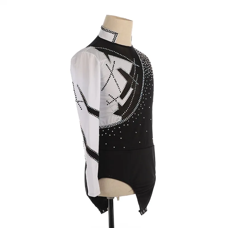 Boys & Mens Figure Skating Top Shirt in Black & White Long Sleeves
