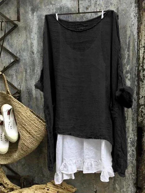 Dunnmall Casual Round 3/4 Sleeve Solid Plus Size Bat Sleeve Tops