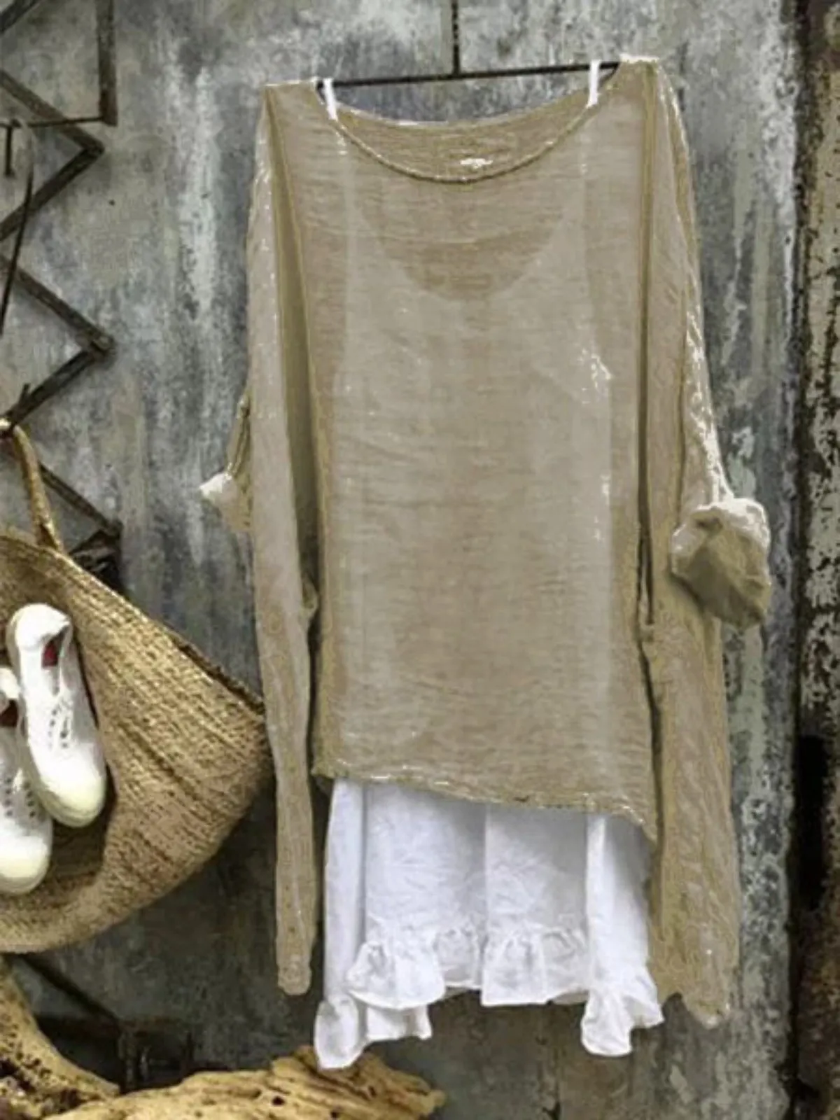Dunnmall Casual Round 3/4 Sleeve Solid Plus Size Bat Sleeve Tops