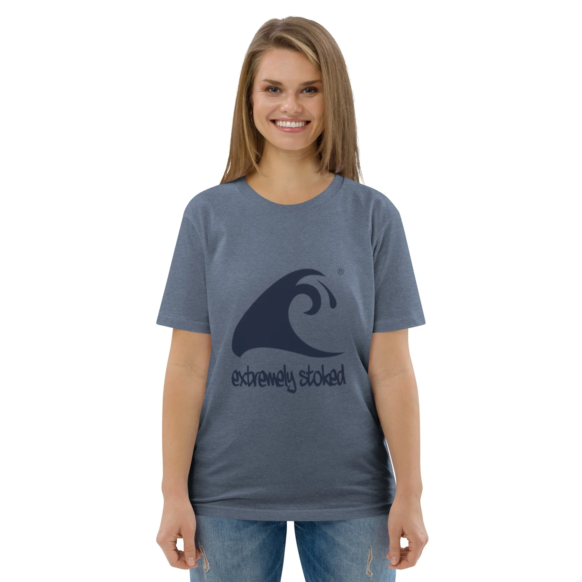 Extremely Stoked Epic Wave on Heather Blue Organic Cotton T-Shirt