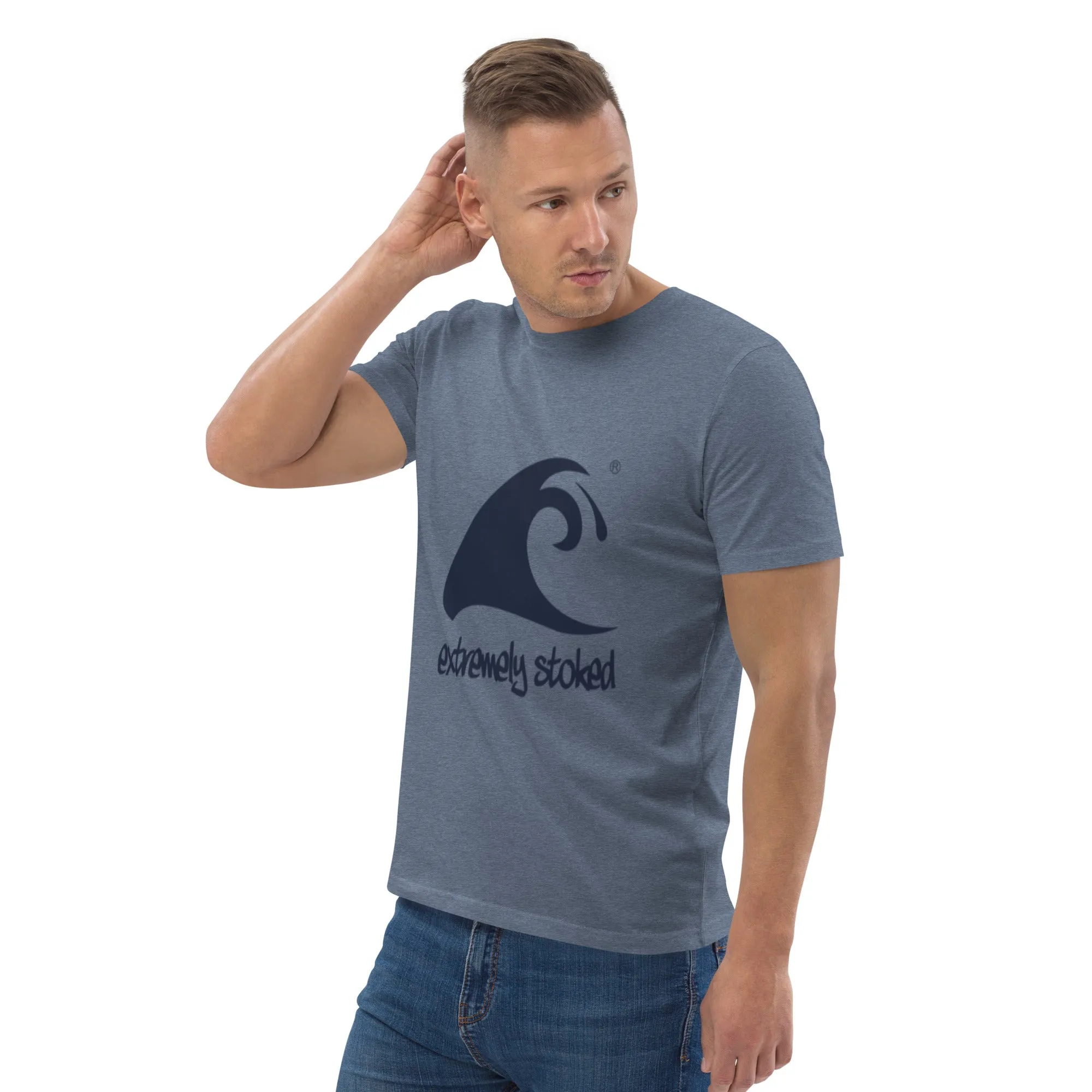 Extremely Stoked Epic Wave on Heather Blue Organic Cotton T-Shirt