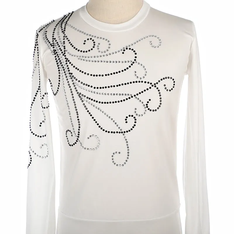 Figure Skating Shirt Top Boys Mens White Long Sleeves Leotard Style