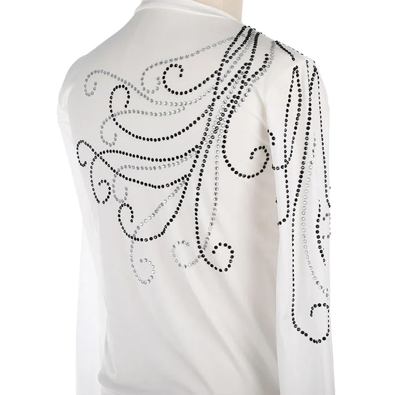 Figure Skating Shirt Top Boys Mens White Long Sleeves Leotard Style