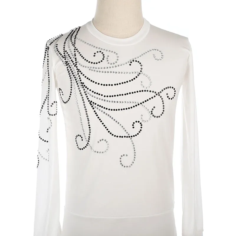 Figure Skating Shirt Top Boys Mens White Long Sleeves Leotard Style