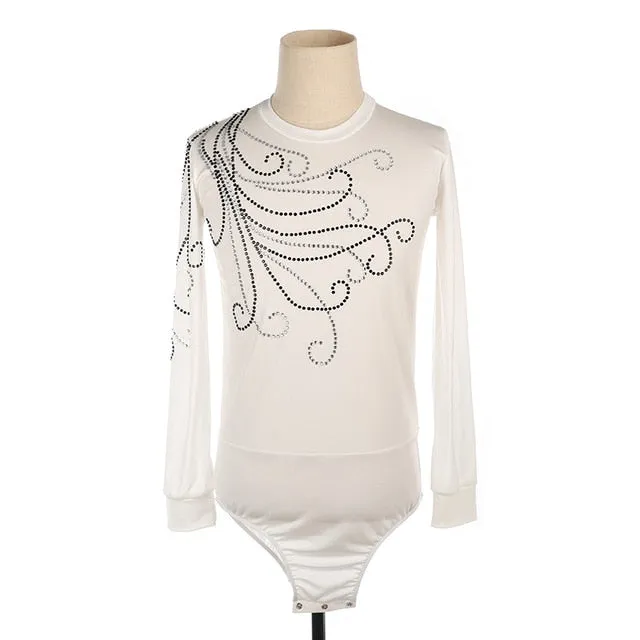 Figure Skating Shirt Top Boys Mens White Long Sleeves Leotard Style