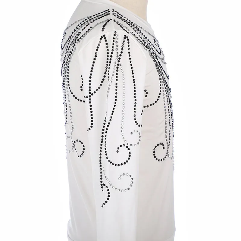Figure Skating Shirt Top Boys Mens White Long Sleeves Leotard Style
