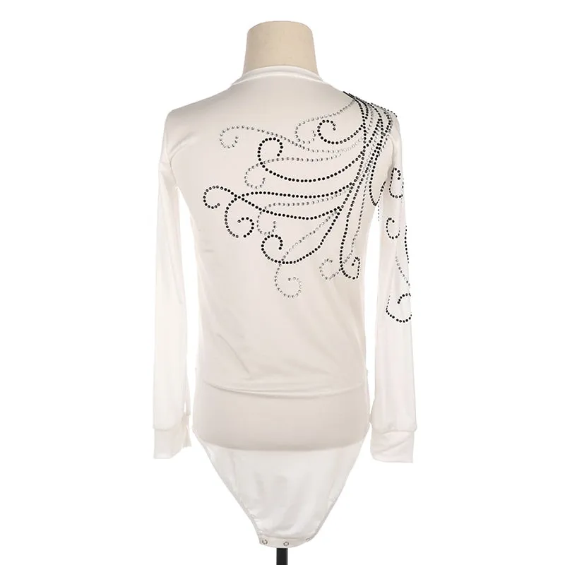 Figure Skating Shirt Top Boys Mens White Long Sleeves Leotard Style