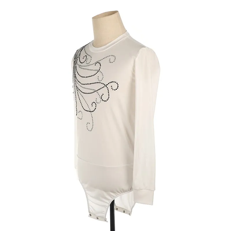 Figure Skating Shirt Top Boys Mens White Long Sleeves Leotard Style