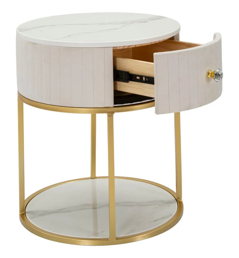 Golden & White Metal Marble Patterned Bedside Table