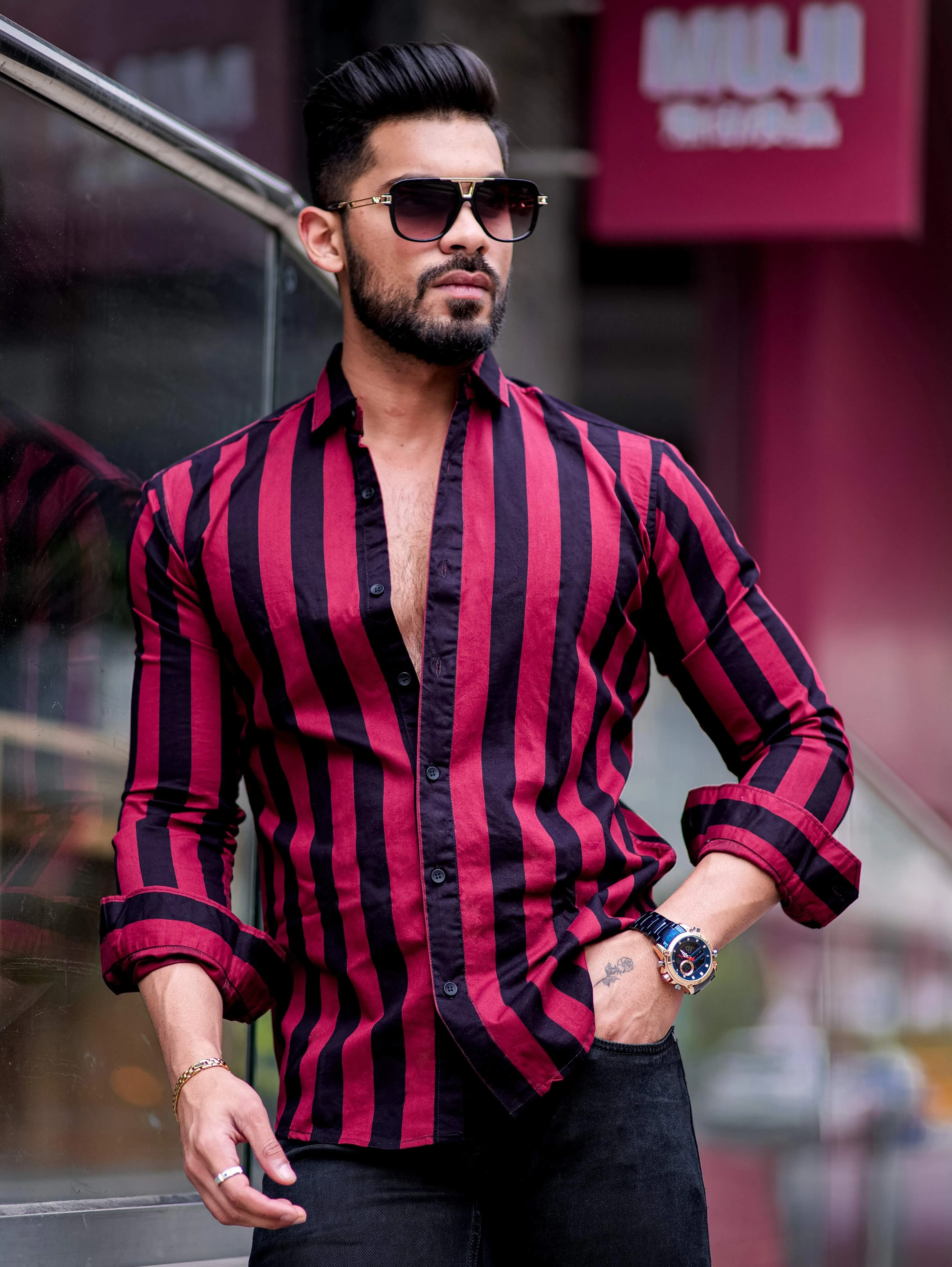 Gordons Maroon Striped Cotton Shirt