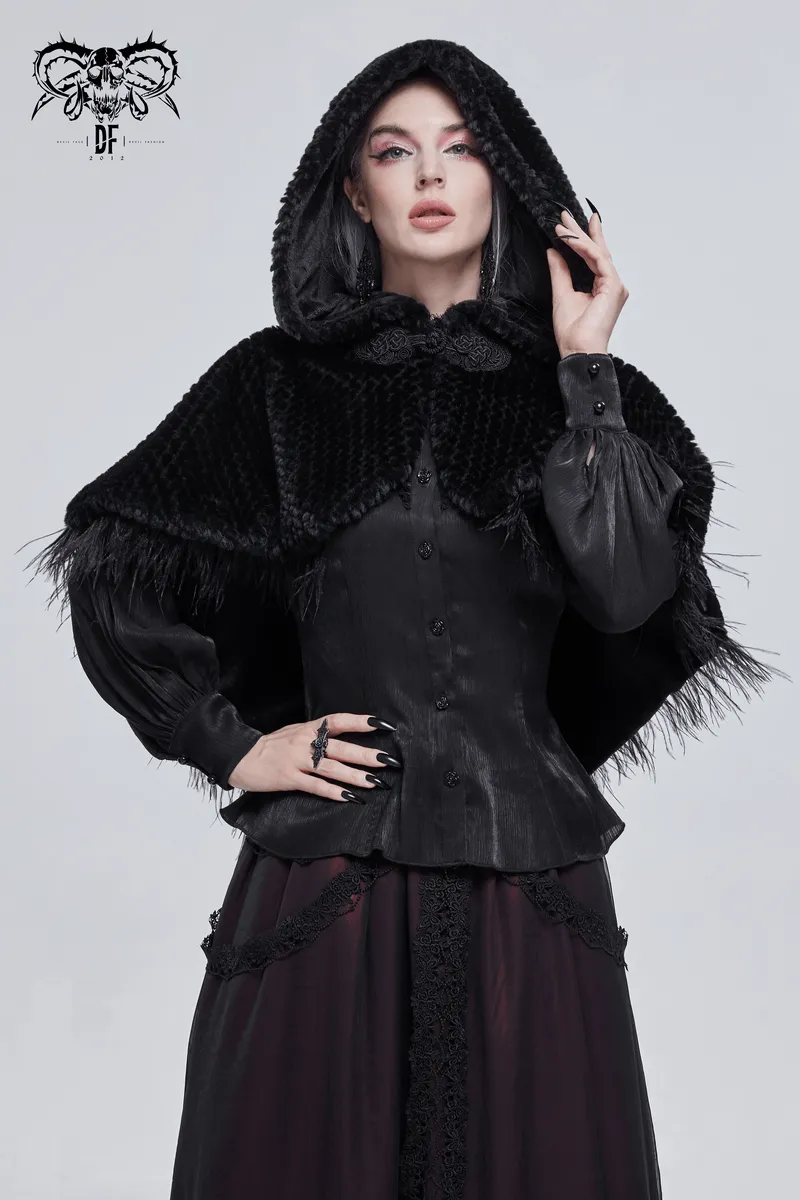 Gothic Feather Hooded Short Cape / Women's Grained Plush Cape with Fur Balls on the Back