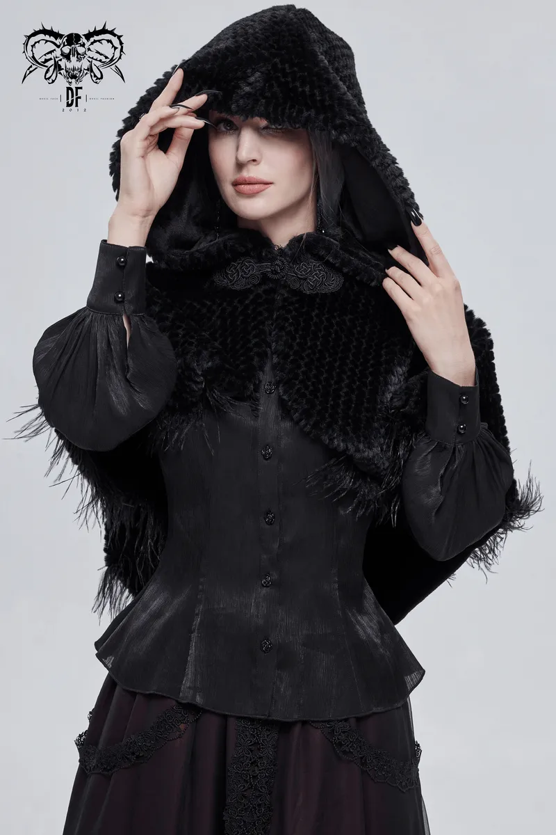 Gothic Feather Hooded Short Cape / Women's Grained Plush Cape with Fur Balls on the Back