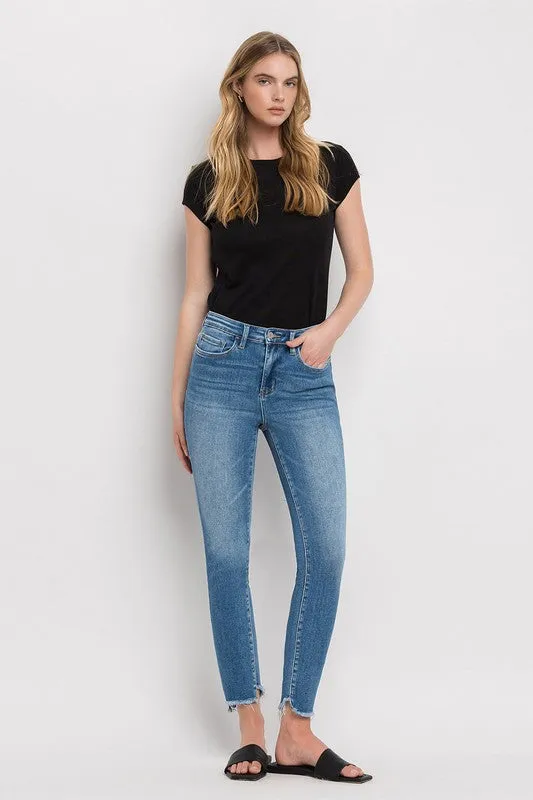 High Rise Raw Hem Ankle Denim