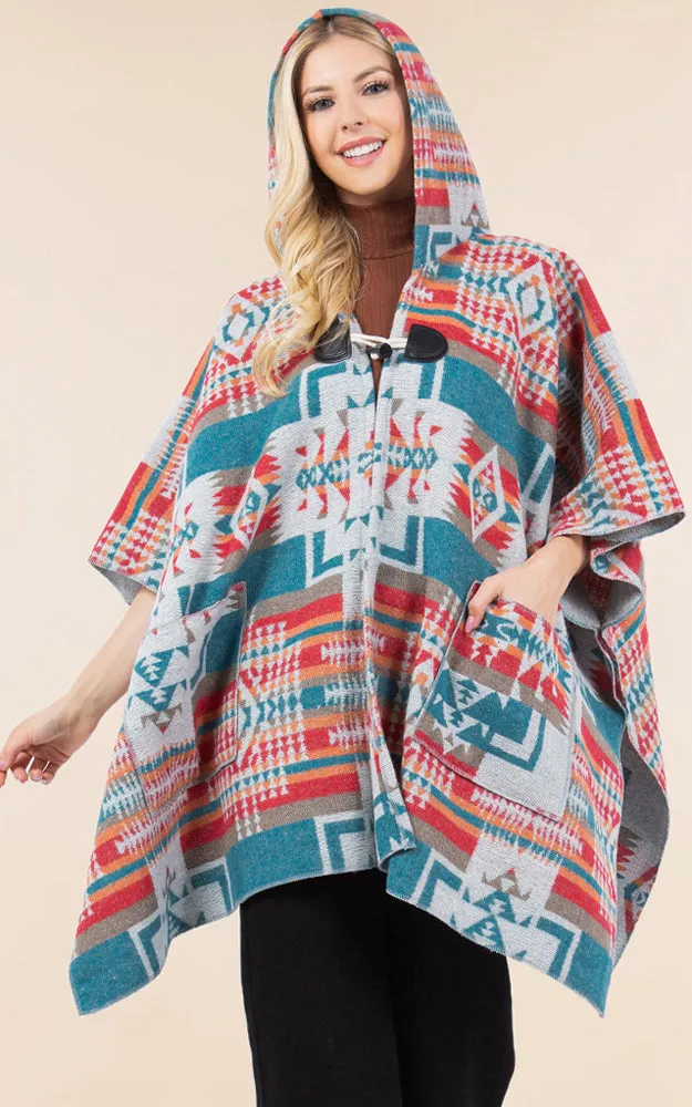 KA4268 AZTEC TRIBAL PATTERN BUTTON-UP CAPE