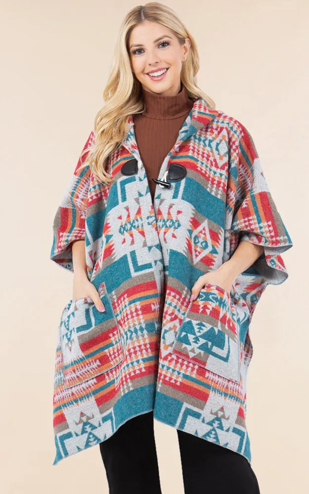 KA4268 AZTEC TRIBAL PATTERN BUTTON-UP CAPE