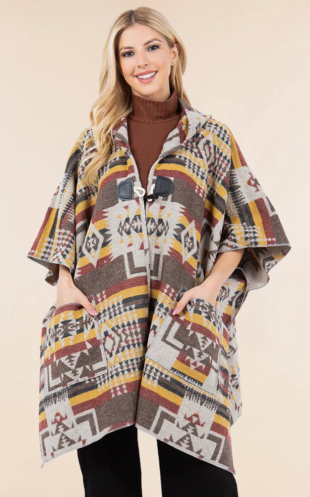 KA4268 AZTEC TRIBAL PATTERN BUTTON-UP CAPE
