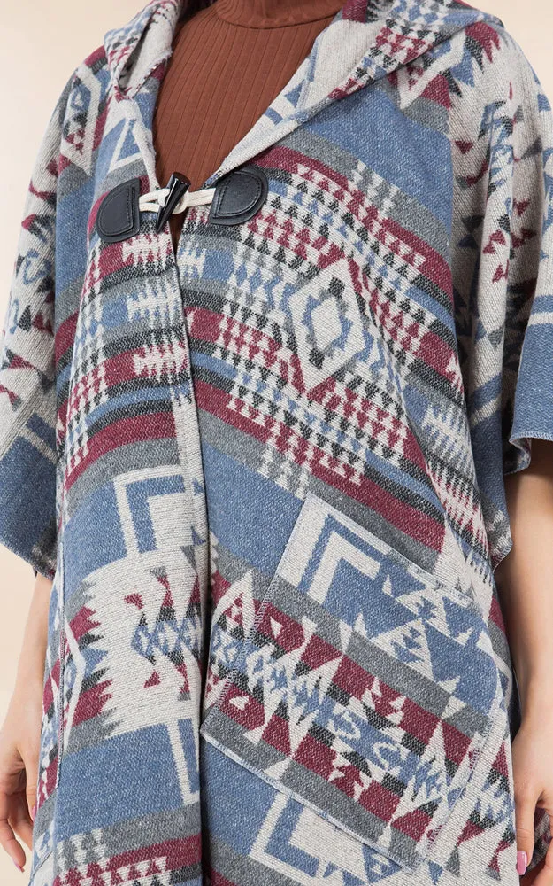 KA4268 AZTEC TRIBAL PATTERN BUTTON-UP CAPE