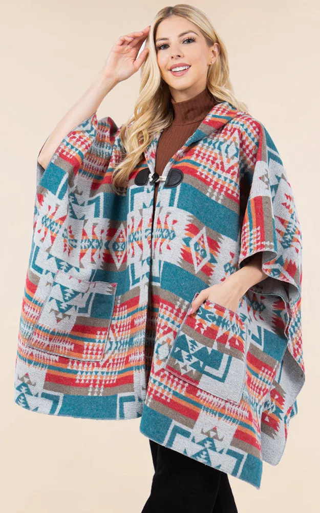KA4268 AZTEC TRIBAL PATTERN BUTTON-UP CAPE
