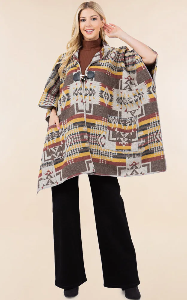 KA4268 AZTEC TRIBAL PATTERN BUTTON-UP CAPE