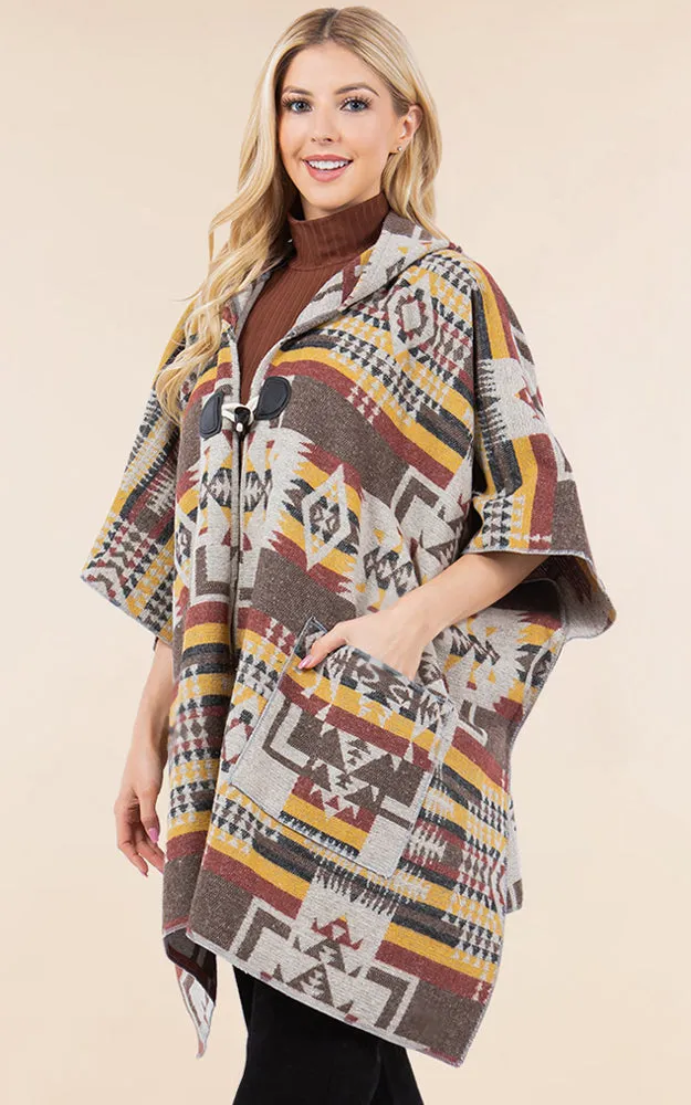 KA4268 AZTEC TRIBAL PATTERN BUTTON-UP CAPE