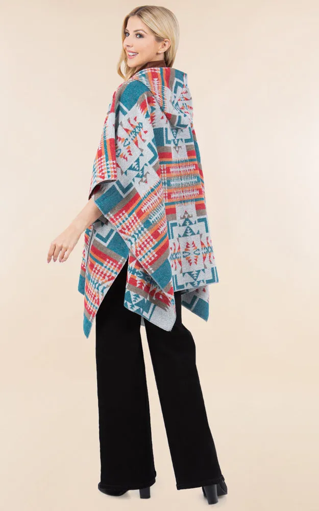 KA4268 AZTEC TRIBAL PATTERN BUTTON-UP CAPE