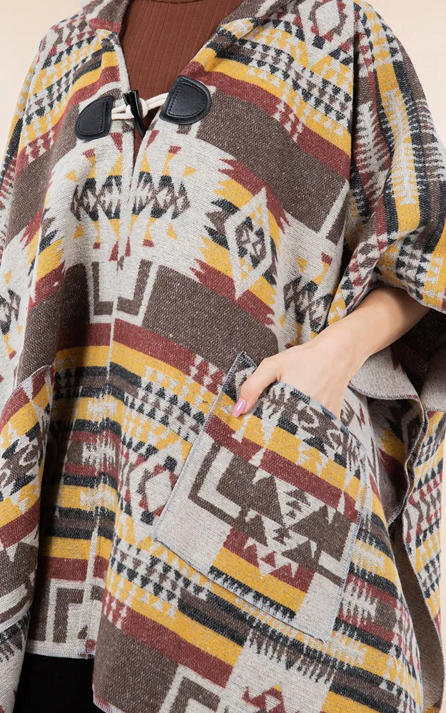 KA4268 AZTEC TRIBAL PATTERN BUTTON-UP CAPE