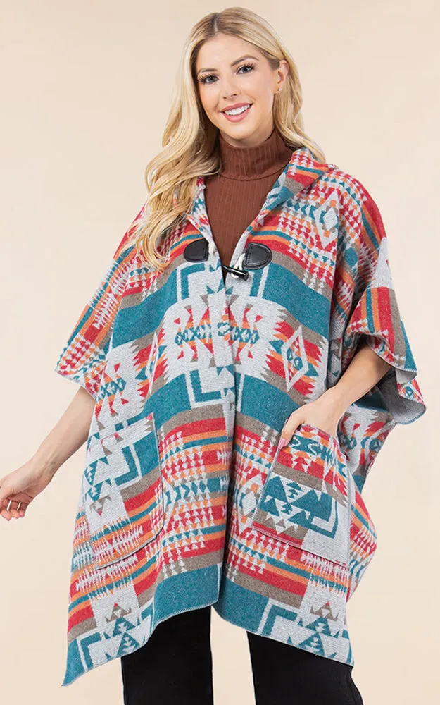 KA4268 AZTEC TRIBAL PATTERN BUTTON-UP CAPE