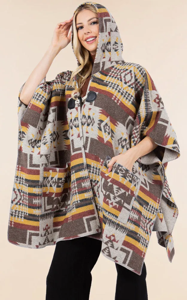 KA4268 AZTEC TRIBAL PATTERN BUTTON-UP CAPE