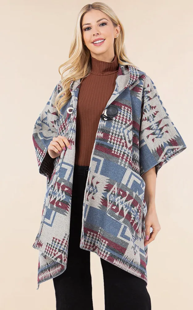 KA4268 AZTEC TRIBAL PATTERN BUTTON-UP CAPE