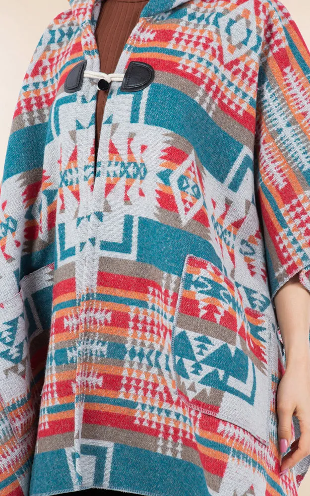 KA4268 AZTEC TRIBAL PATTERN BUTTON-UP CAPE