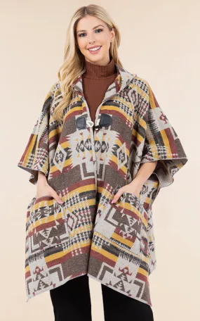 KA4268 AZTEC TRIBAL PATTERN BUTTON-UP CAPE