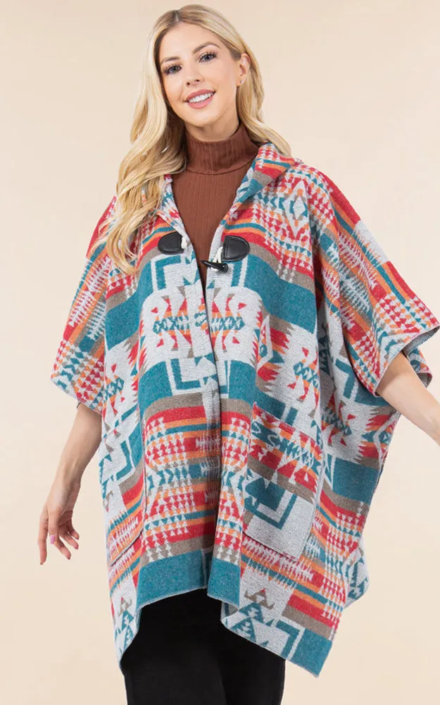 KA4268 AZTEC TRIBAL PATTERN BUTTON-UP CAPE