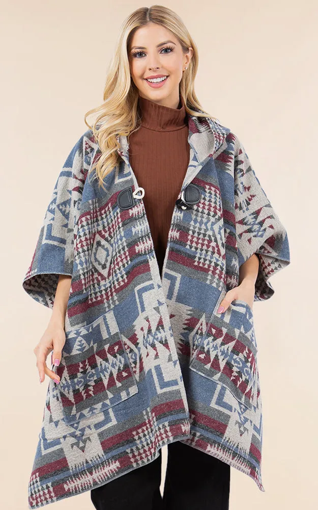 KA4268 AZTEC TRIBAL PATTERN BUTTON-UP CAPE