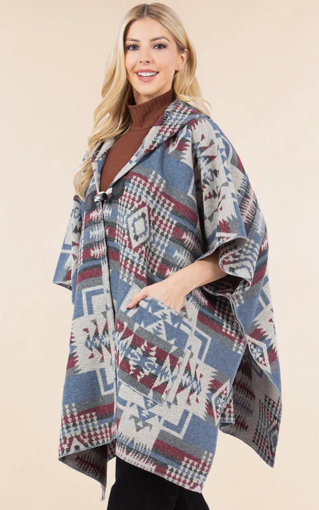 KA4268 AZTEC TRIBAL PATTERN BUTTON-UP CAPE