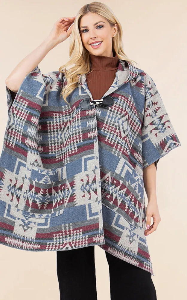 KA4268 AZTEC TRIBAL PATTERN BUTTON-UP CAPE