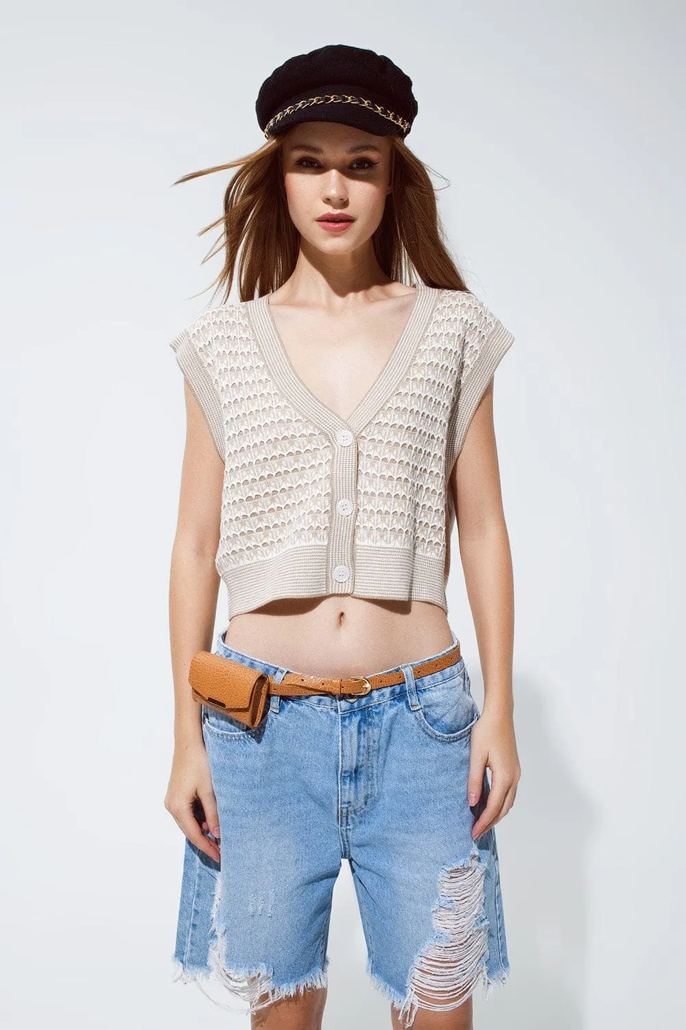 Knitted Cropped Vest With Rib Trim In Beige
