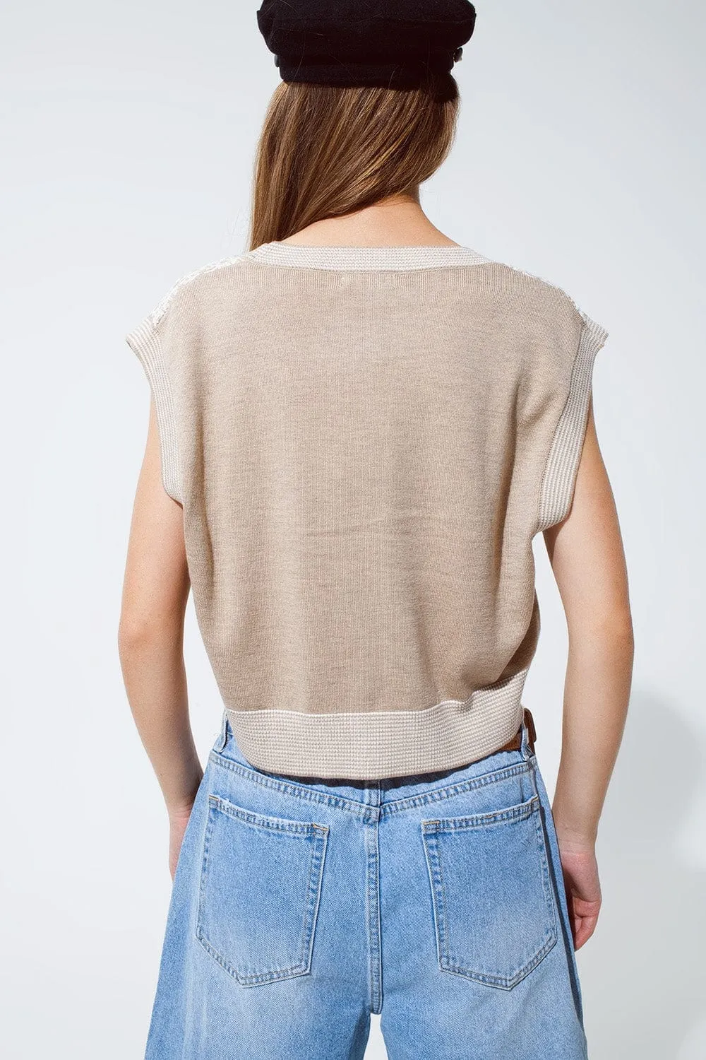 Knitted Cropped Vest With Rib Trim In Beige
