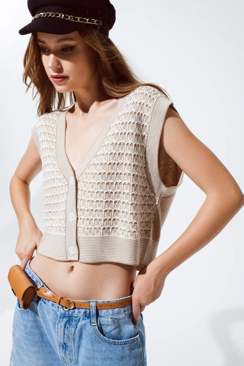 Knitted Cropped Vest With Rib Trim In Beige