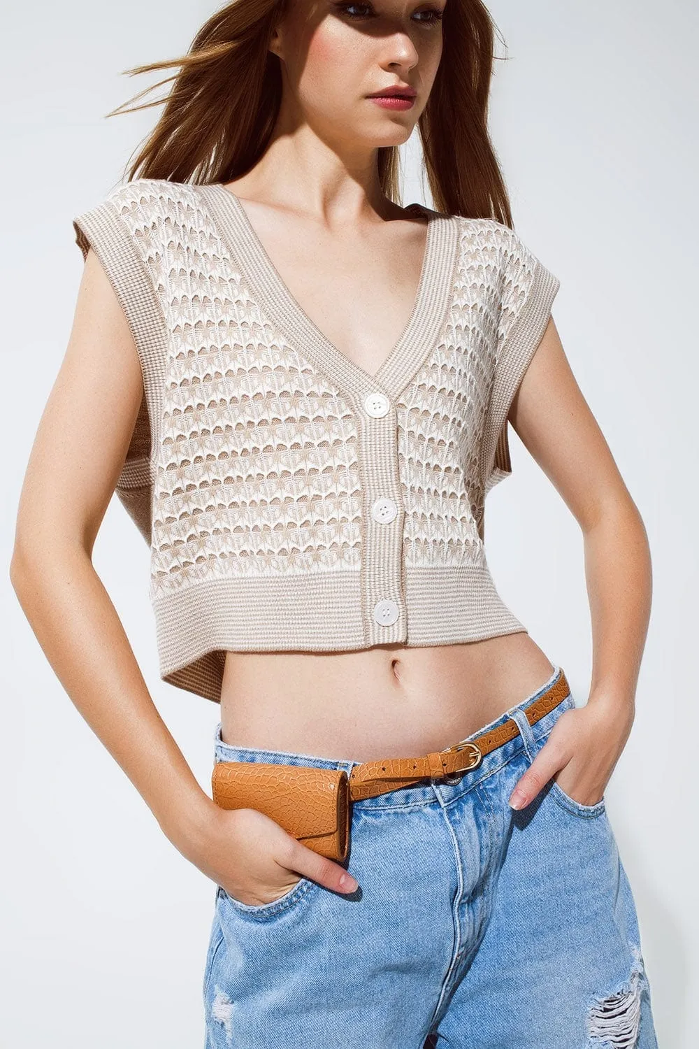 Knitted Cropped Vest With Rib Trim In Beige